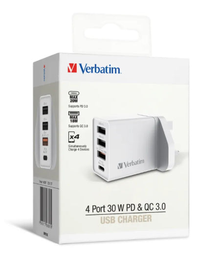 【門市發售】Verbatim 4Port 30W PD&QC 3.0火牛