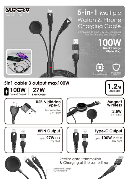 【門市發售】SuperV 5合1(1拖3)快充電線(CC51)